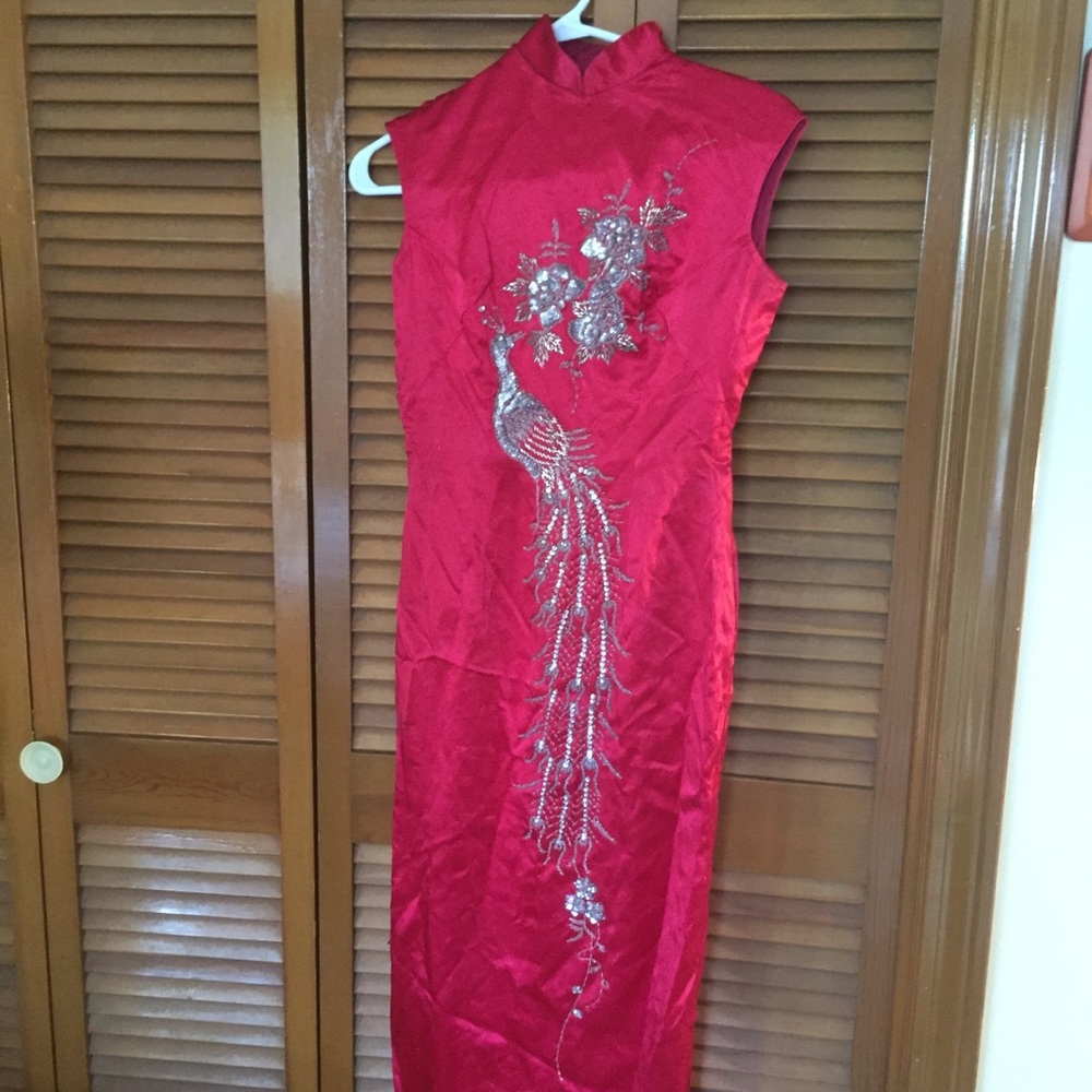 Vintage red satin beaded long mandarin dress as is